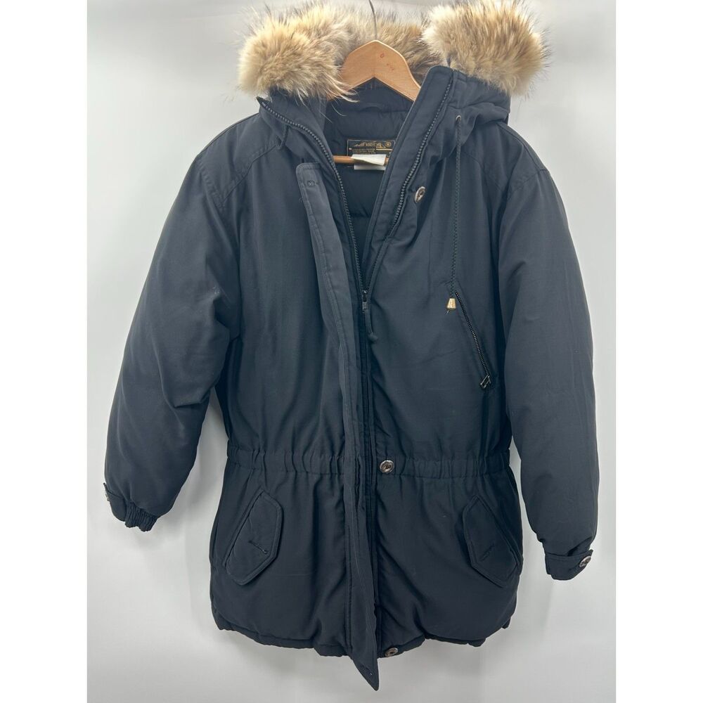 Vintage 80s Eddie Bauer Goose Down Coyote Fur Hooded Jacket Black Women's M